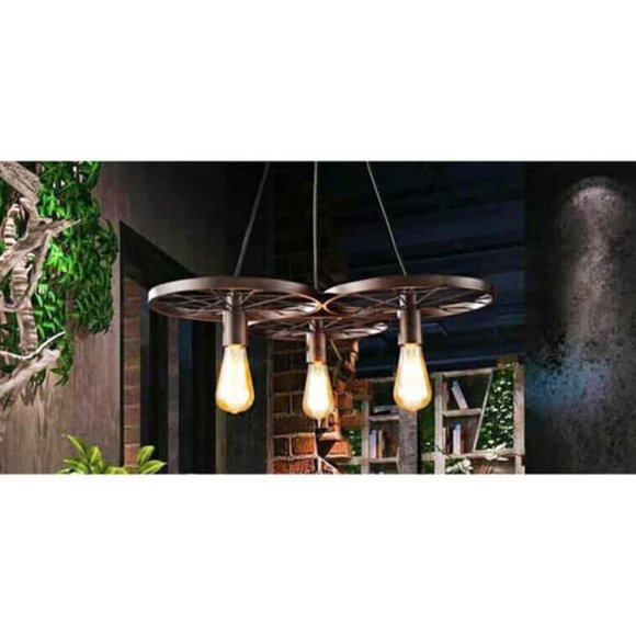 Rustic 3 Bulb Wagon Wheel Chandelier Distressed Bronze Finish Home Business - Picture 5 of 13